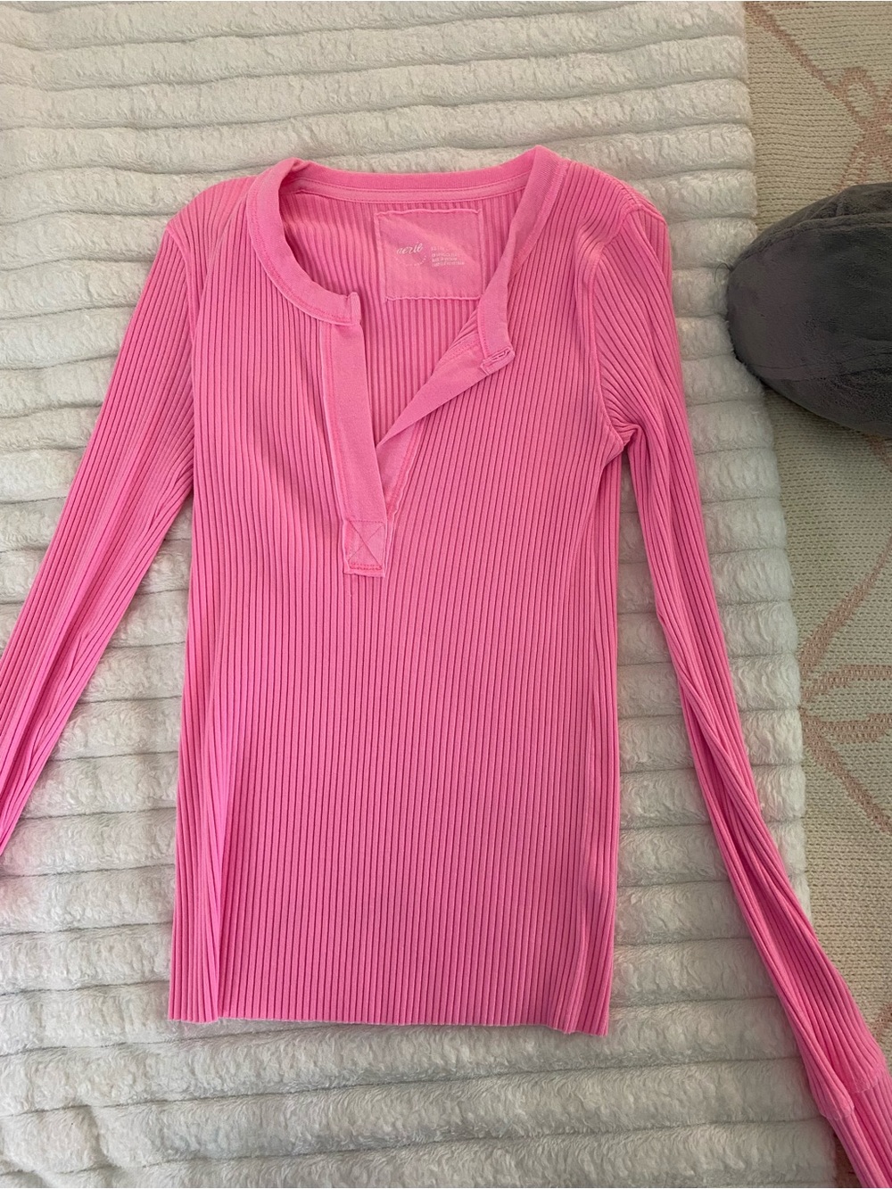 aerie Pink Ribbed Long Sleeve Henley Tee